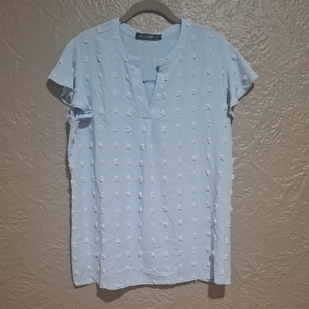 Merokeety Wome's Elegant Light Blue Blouse with Textured Design Size L